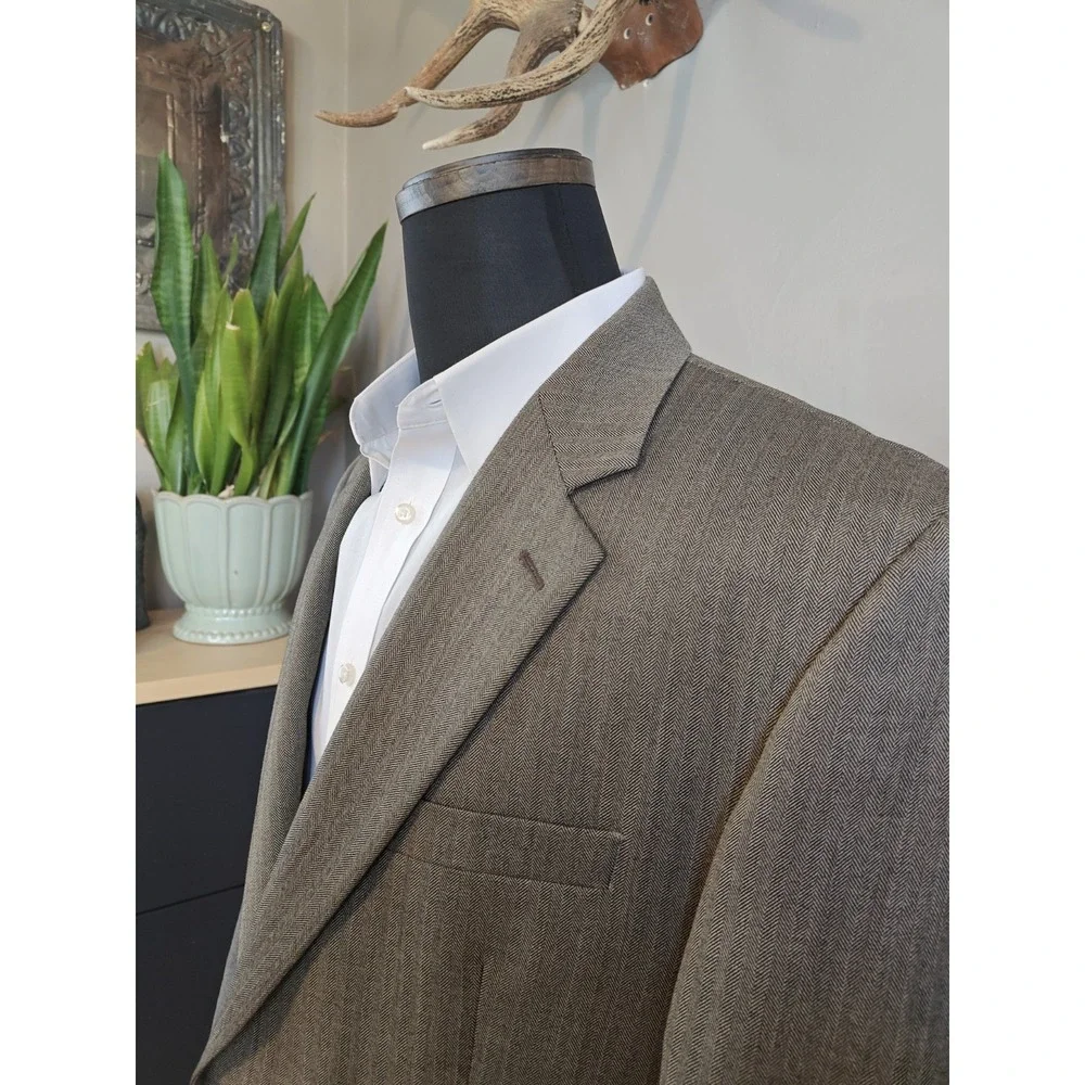 Chaps Mens Wool Blazer 42L Taupe Herringbone 2 Button Sports Coat R804